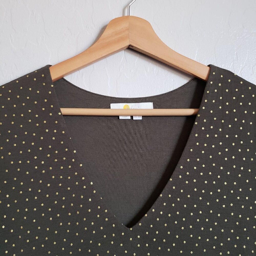 Boden Coraline Jersey V-Neck Midi Dress Metallic Gold Polka Dot Olive Womens 10R - Picture 8 of 12